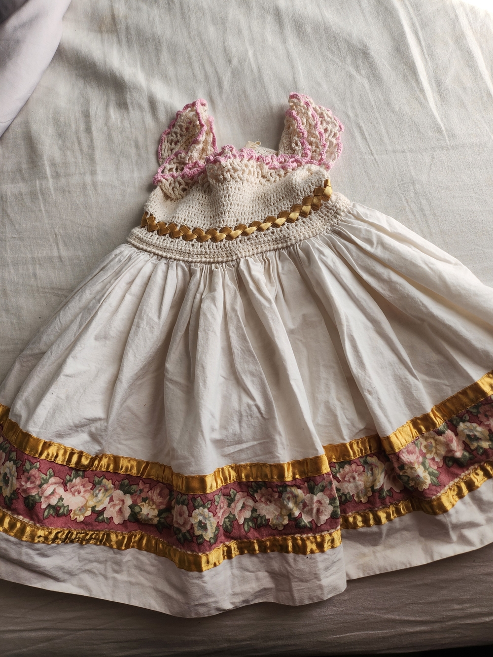 Cream Cotton Dress with Pink Crochet Bodice and Floral Trim
